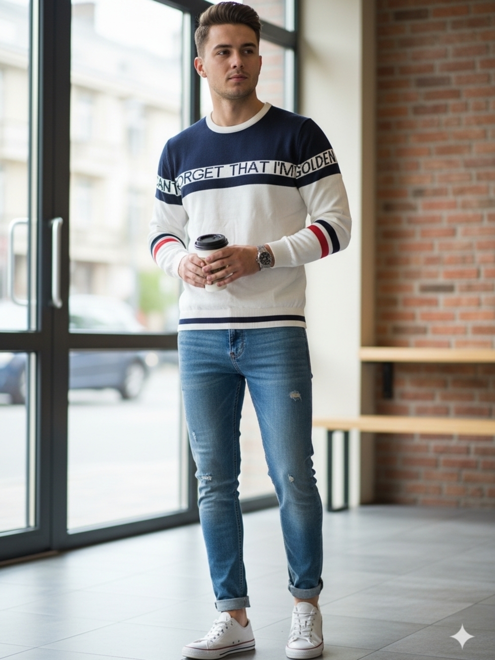 Men's Navy and White Crewneck Sweater with Slogan-Unisex